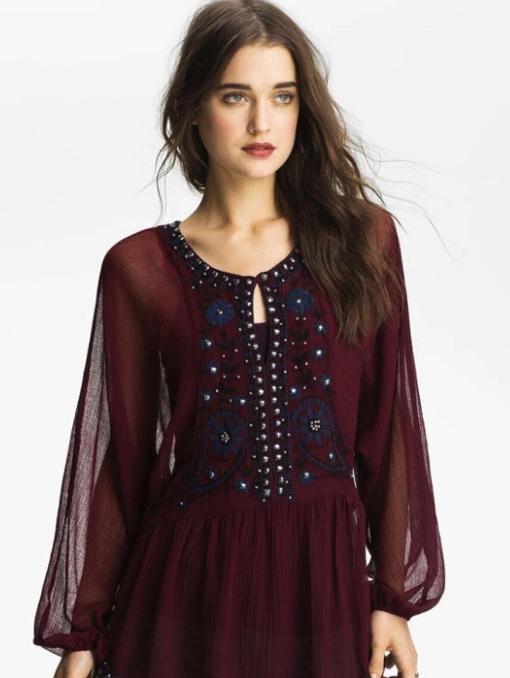 Free People Embellished Beaded Burgundy Sheer Peasant Tunic - Size - Medium